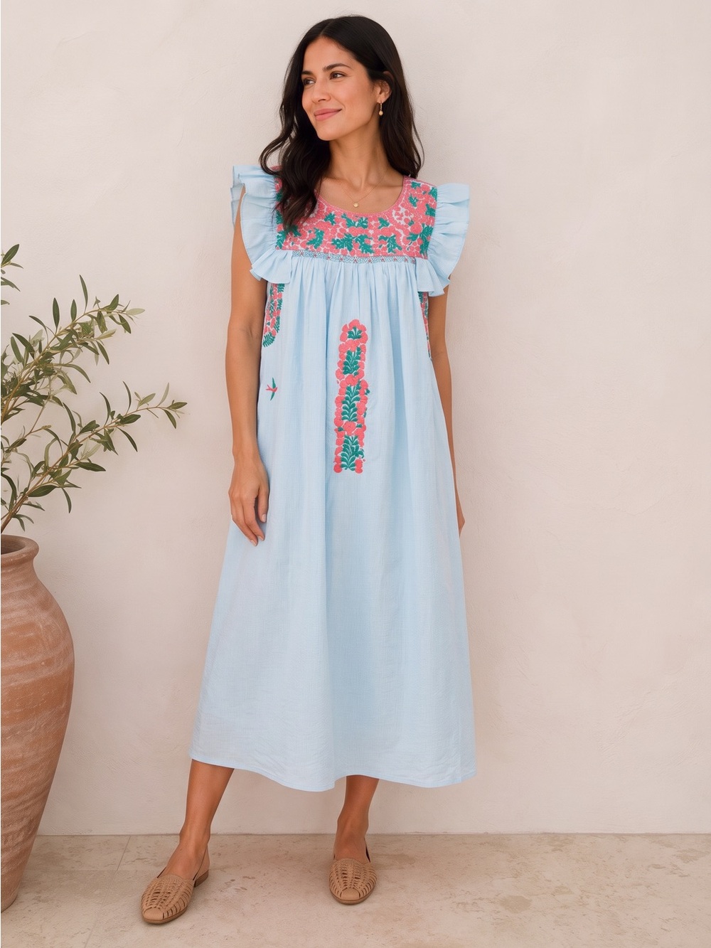 Mi Golondrina Embroidered Flutter-Sleeve Dress
